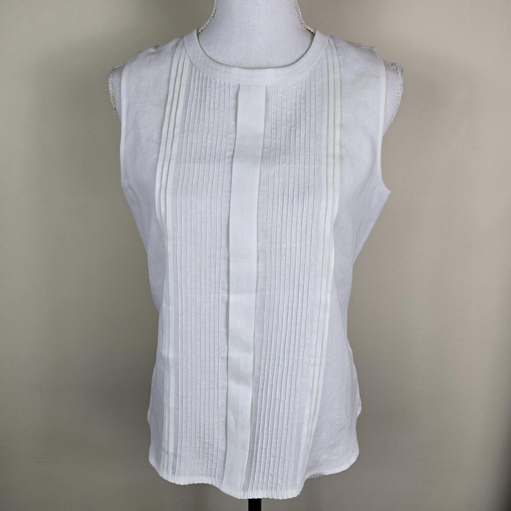 Armani Collezioni Blouse Womens 8 White Linen Pleated Button Back Shell Top